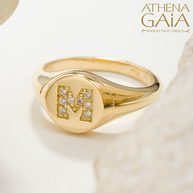 Diamond Initial Ring (Small) - 14k Gold Ring - Signet Ring