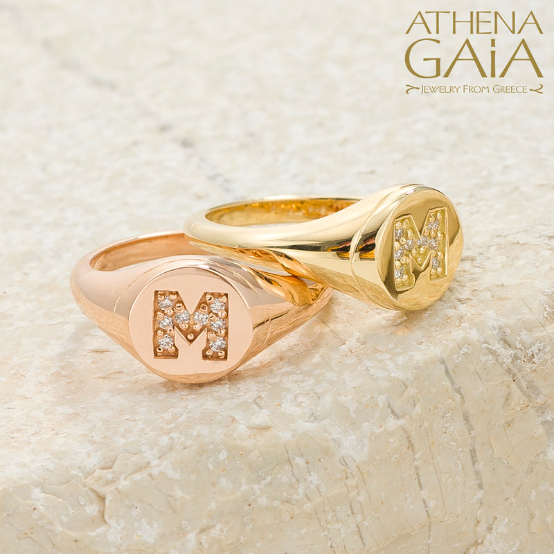 Diamond Initial Ring (Small) - 14k Gold Ring - Signet Ring
