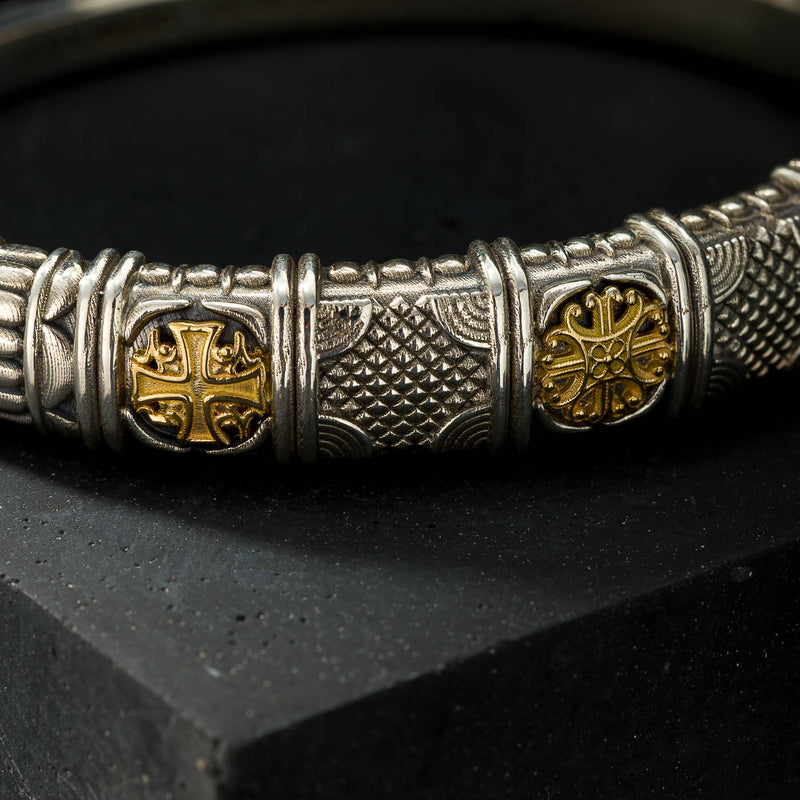 Alexander Shield Bracelet - 18k Gold and Sterling Silver Bracelet - Hinged Bangle Bracelet