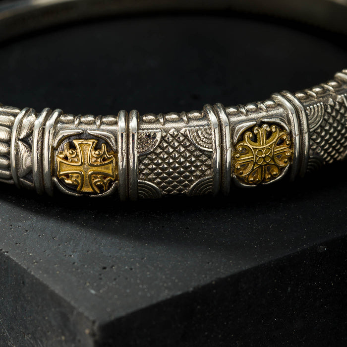 Alexander Shield Bracelet - 18k Gold and Sterling Silver Bracelet - Hinged Bangle Bracelet