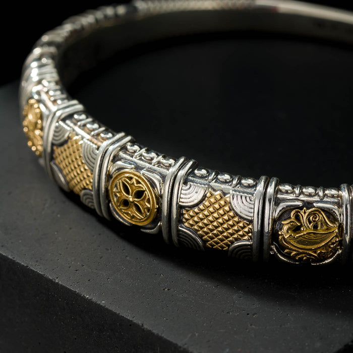 Alexander Rosettes Bracelet - 18k Gold and Sterling Silver Bracelet - Hinged Bangle Bracelet