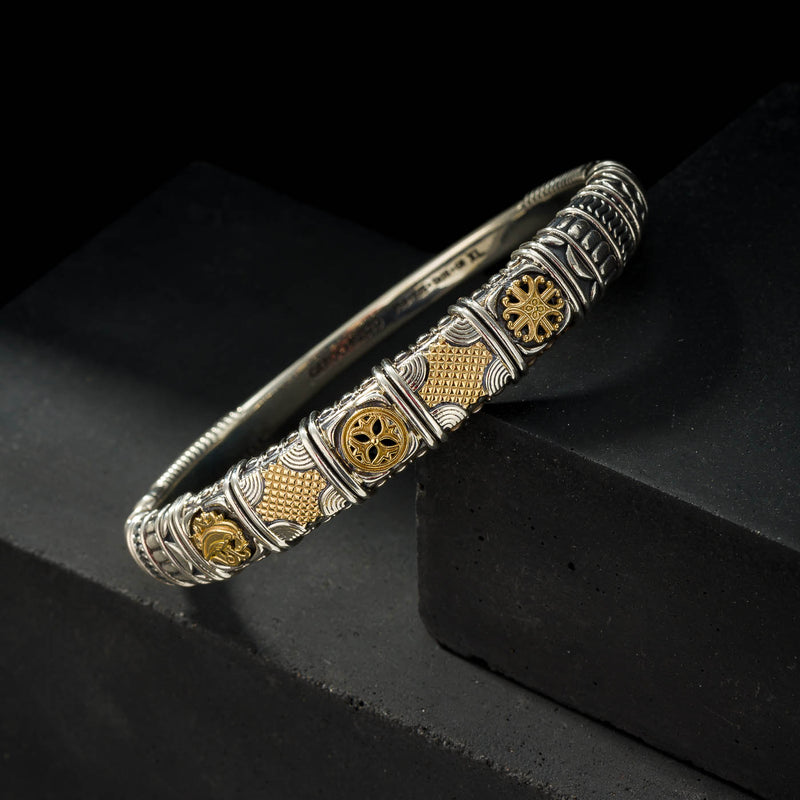 Alexander Rosettes Woven Crest Bracelet - 18k Gold and Sterling Silver - Hinged Bangle Bracelet