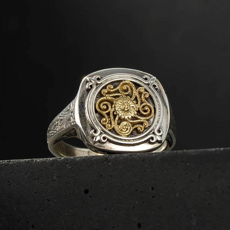 Alexander Spiral Flower Ring - 18k Gold & Sterling Silver Ring - Signet Ring
