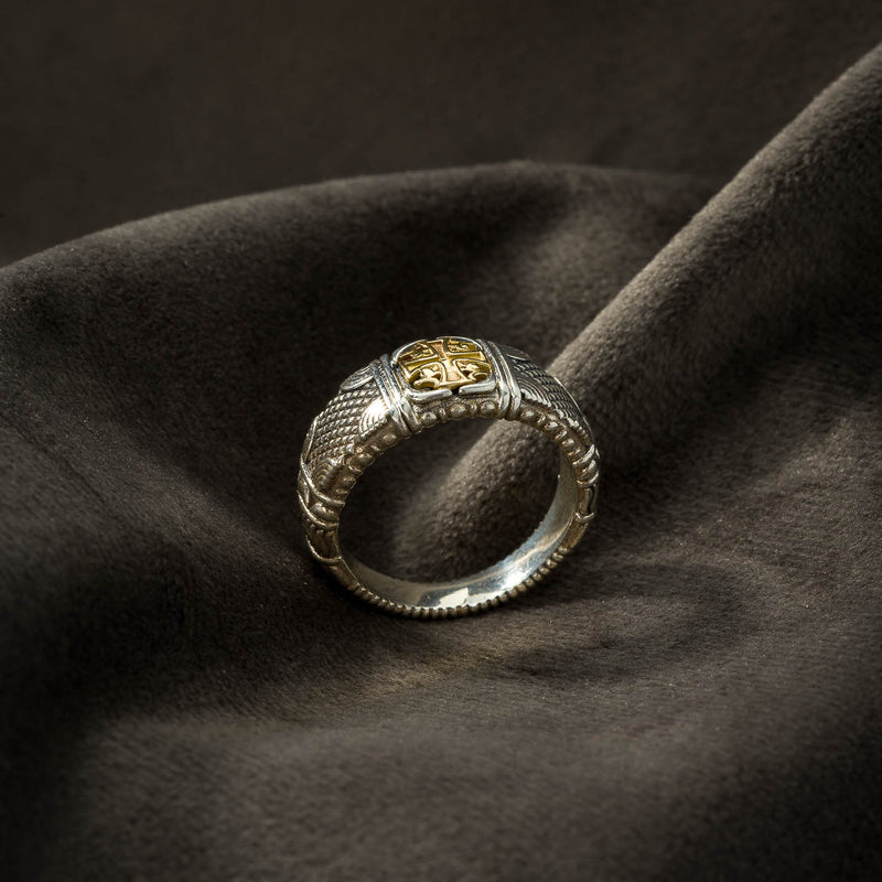 Alexander Golden Cross Woven Crest Ring - 18k Gold & Sterling Silver - Cigar Band Ring