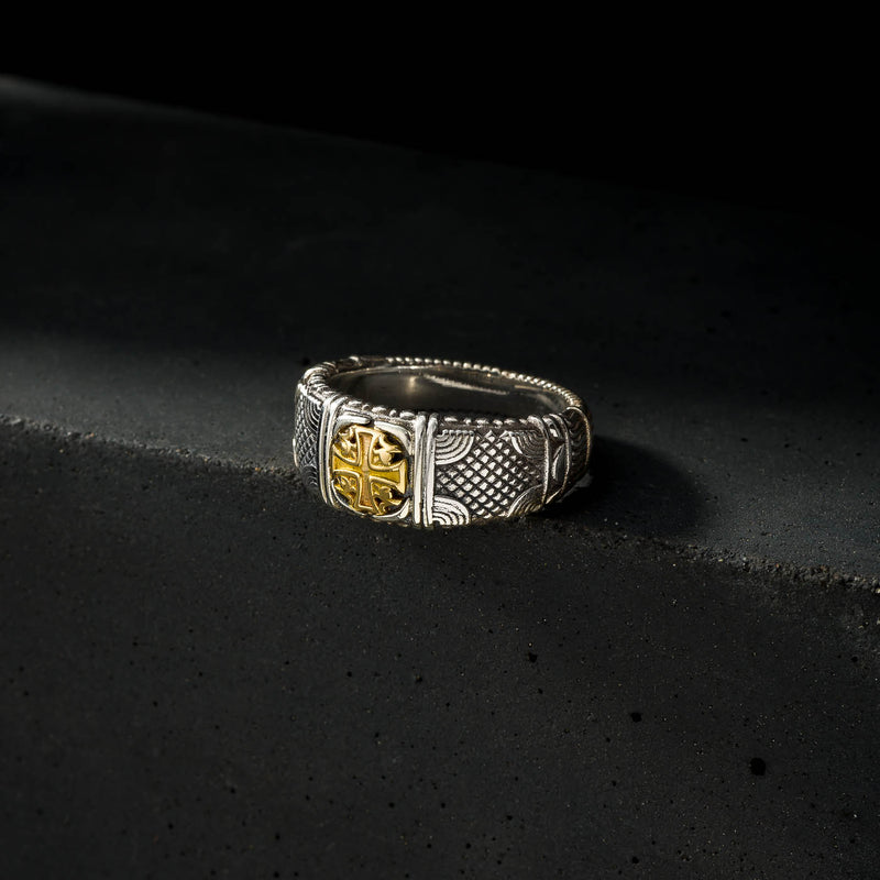 Alexander Golden Cross Woven Crest Ring - 18k Gold & Sterling Silver - Cigar Band Ring