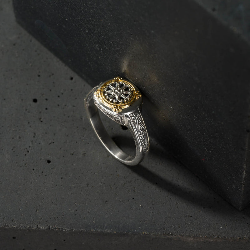 Alexander Wheel Ring - 18k Gold & Sterling Silver Ring - Signet Ring