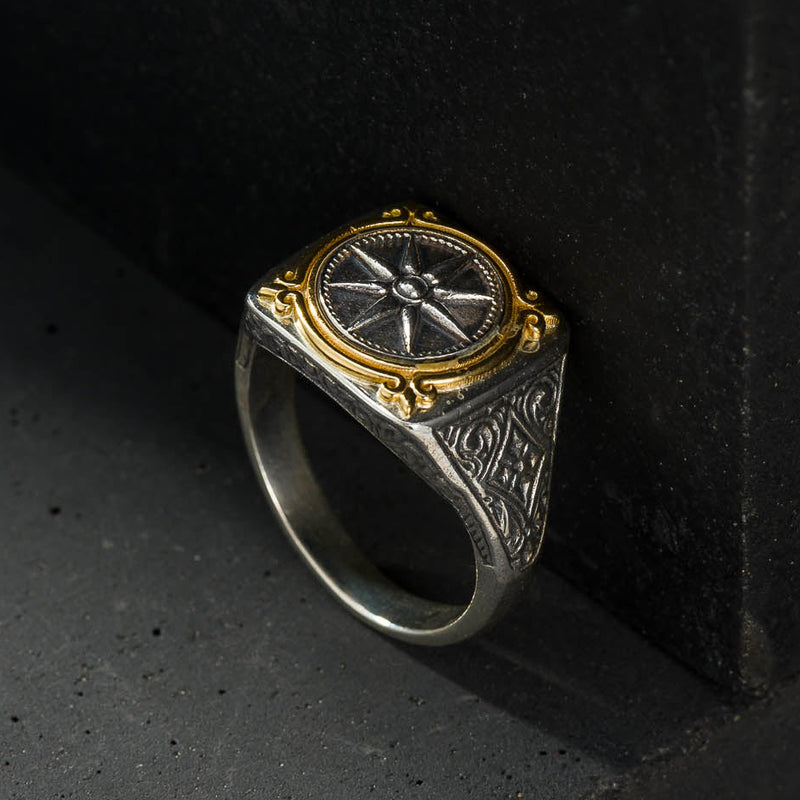 Vergina Square Sun Ring - 18k Gold & Sterling Silver - Signet Ring