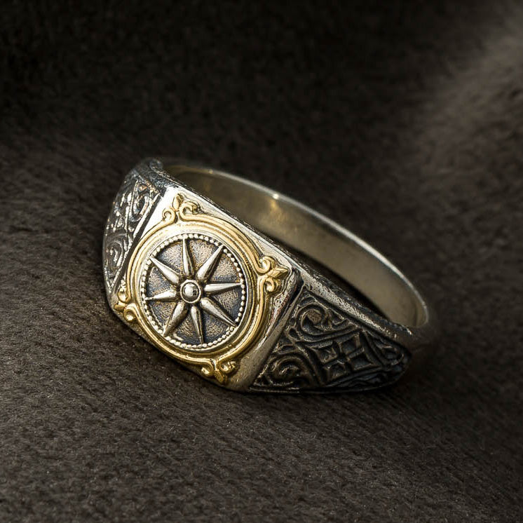 Mini Vergina Square Sun Ring - 18k Gold & Sterling Silver - Signet Ring