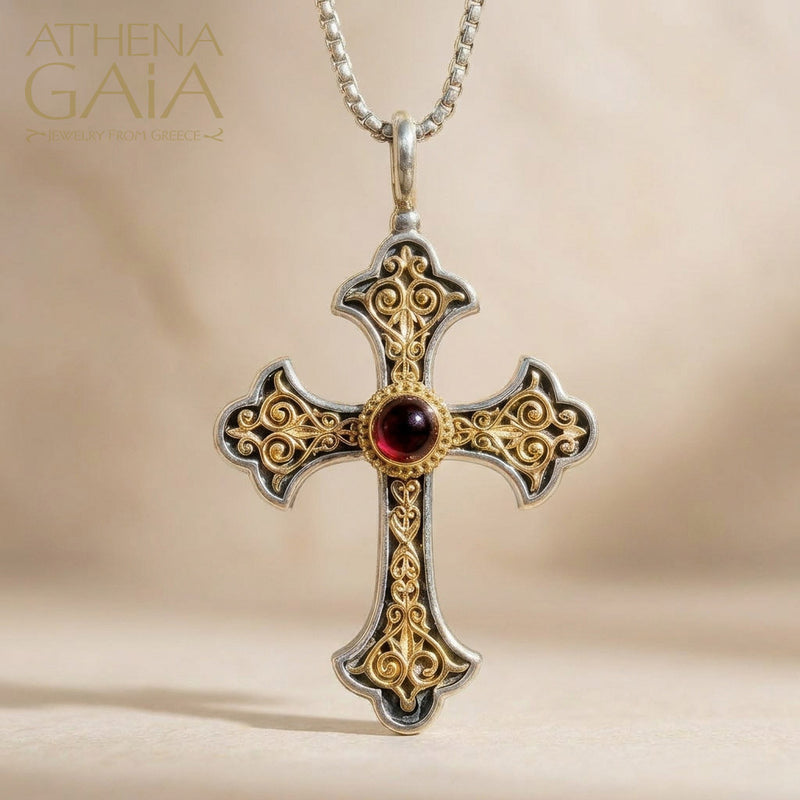 Aretousa Long Gold Faced Cross (Large) - 18k Gold & Sterling Silver - Orthodox Cross