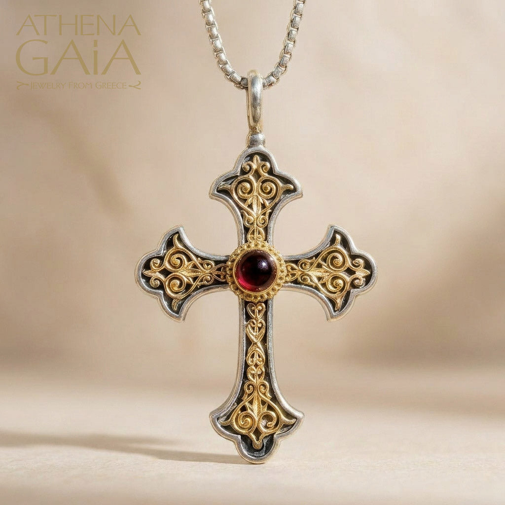Aretousa Long Gold Faced Cross (Large) - 18k Gold & Sterling Silver - Orthodox Cross