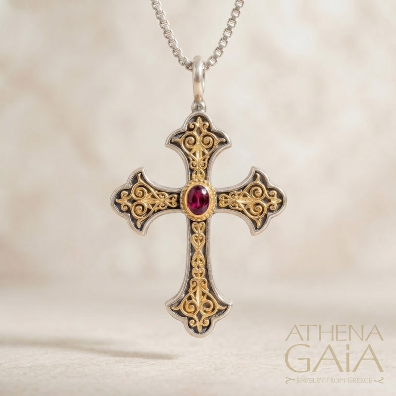 Aretousa Gold Faced Oval Stone Cross (Large) - 18k Gold & Sterling Silver - Orthodox Cross