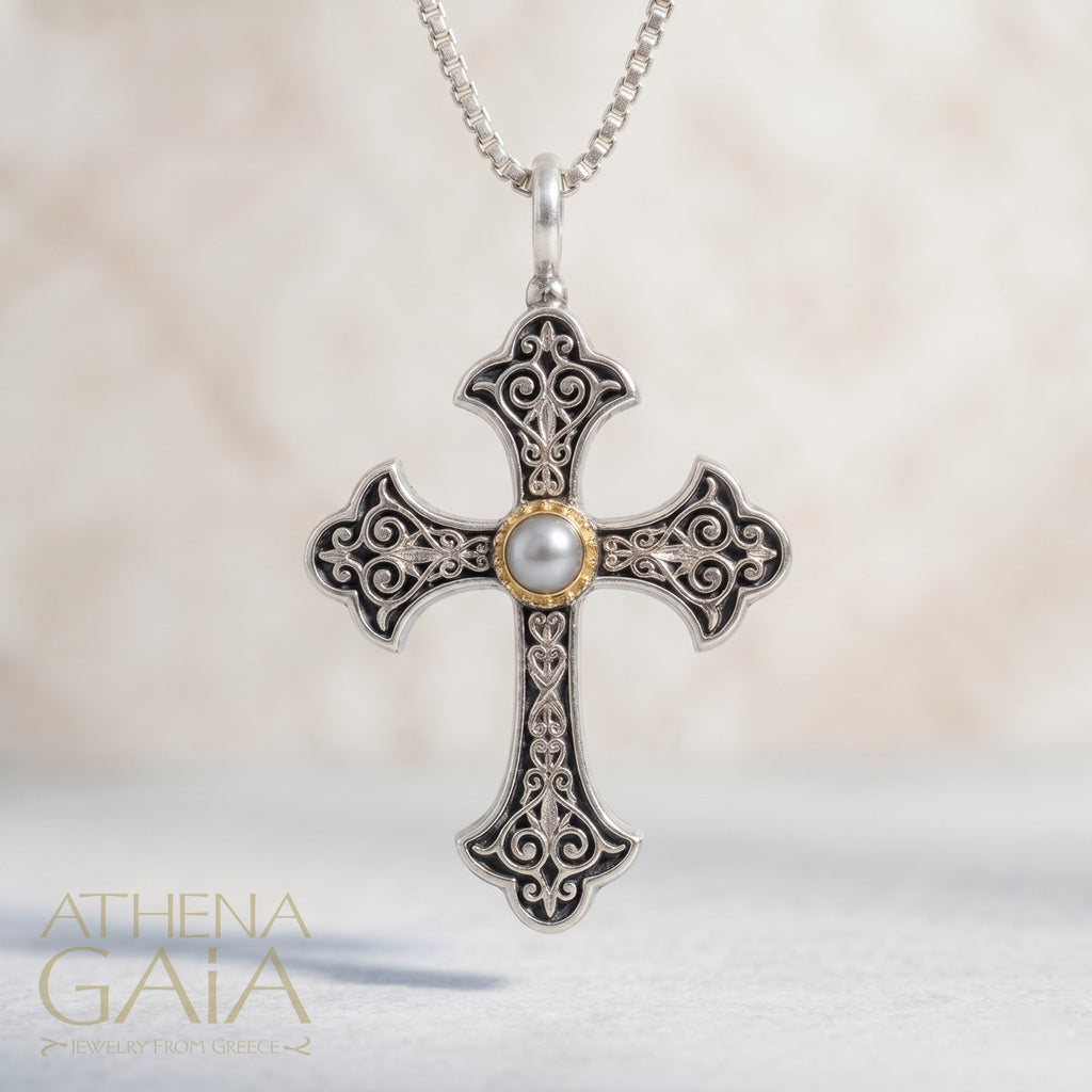 Aretousa Silver Faced Circle Bezel Orthodox Cross (Large) - 18k Gold & Sterling Silver