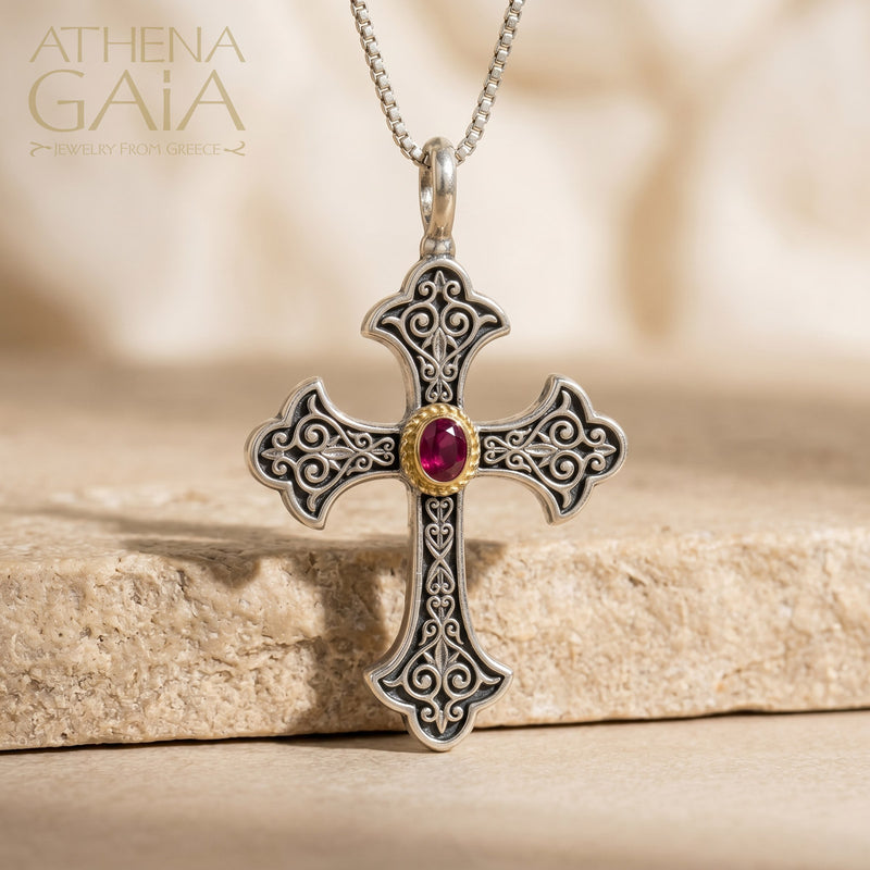 Aretousa Silver Faced Oval Rope Bezel Orthodox Cross (Large) - 18k Gold & Sterling Silver