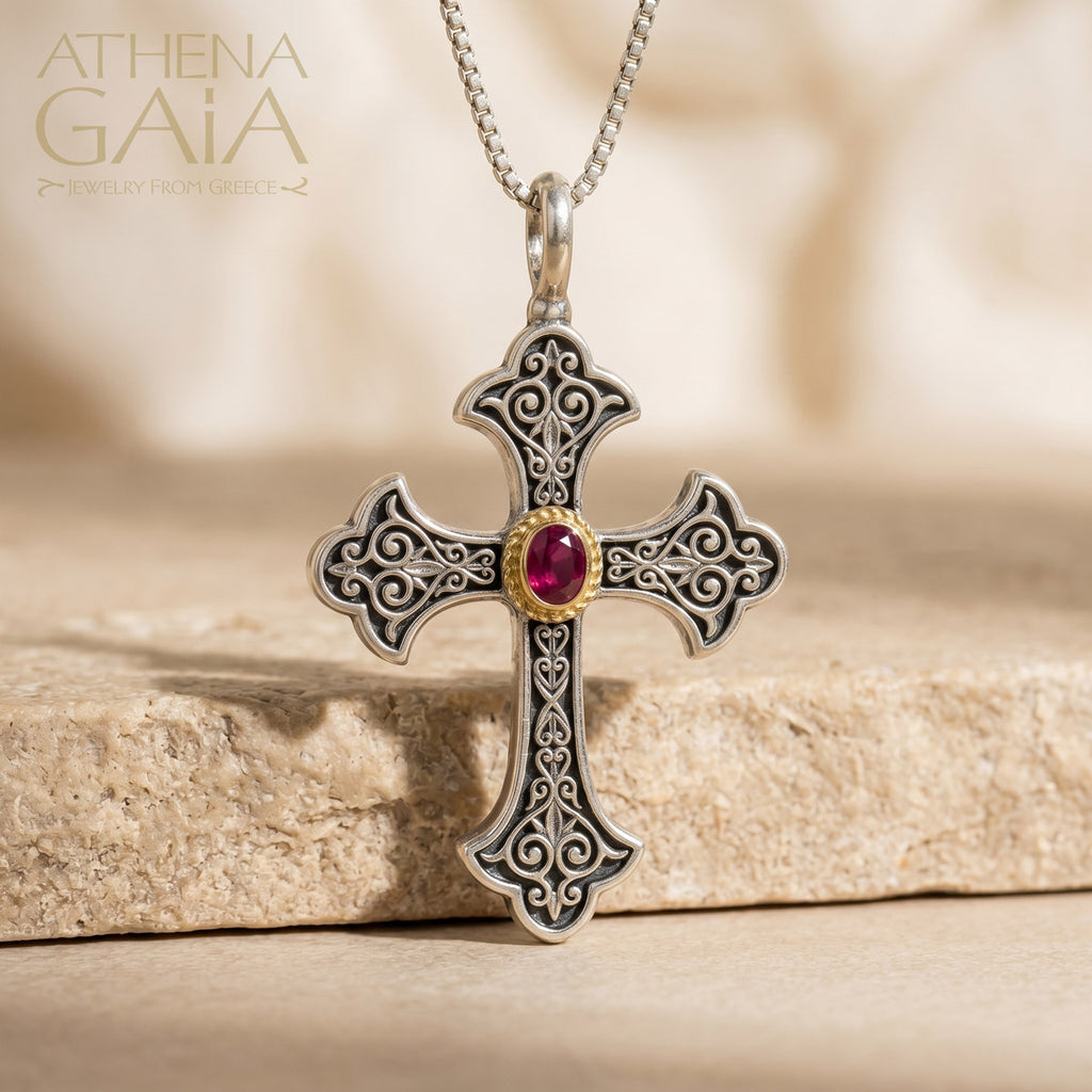 Aretousa Silver Faced Oval Rope Bezel Orthodox Cross (Large) - 18k Gold & Sterling Silver