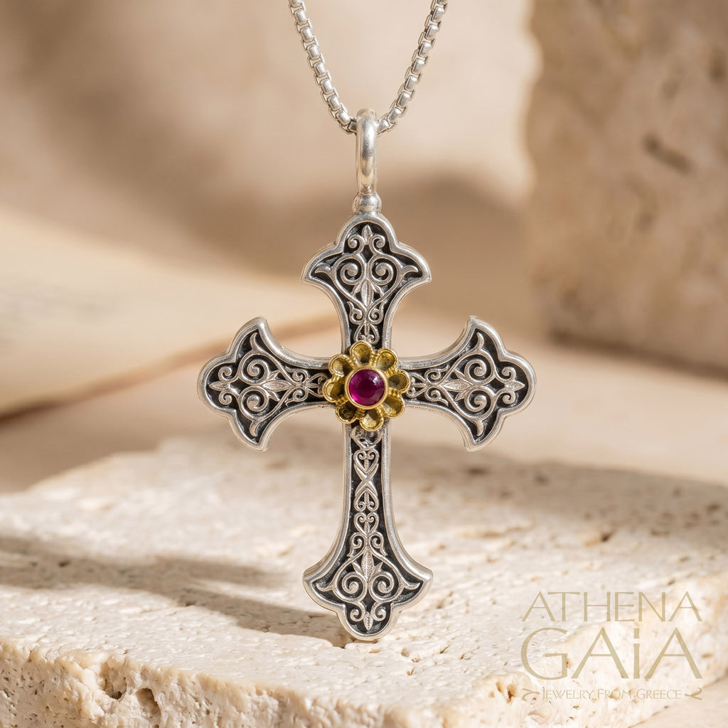 Aretousa Silver Faced Flower Bezel Orthodox Cross (Large) - 18k Gold & Sterling Silver