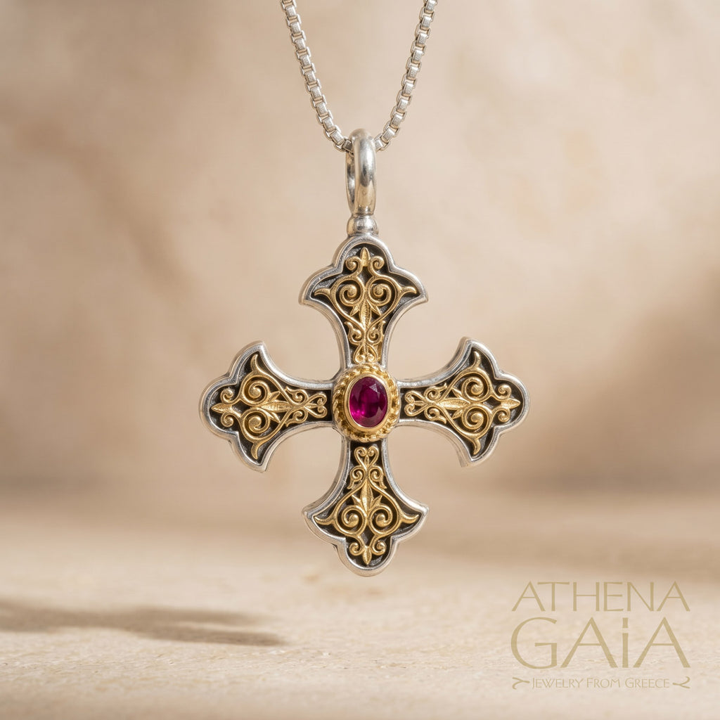 Aretousa Gold Faced Oval Bezel Greek Cross (Large) - 18k Gold & Sterling Silver - Orthodox Cross