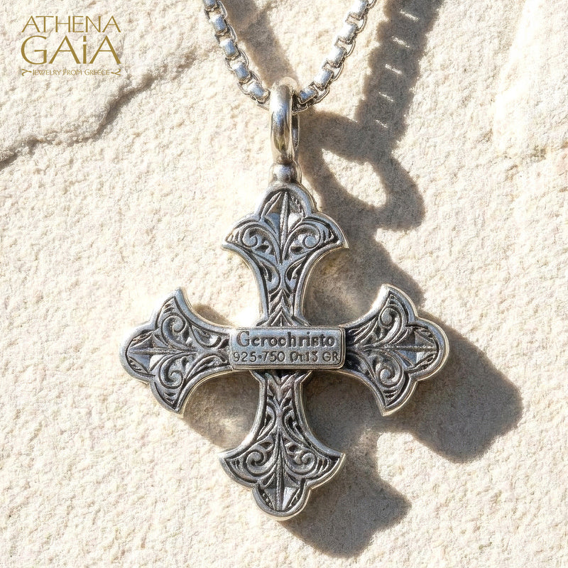 Aretousa Silver Faced Fleury Greek Cross (Large)- 18k Gold and Sterling Silver - Orthodox Cross