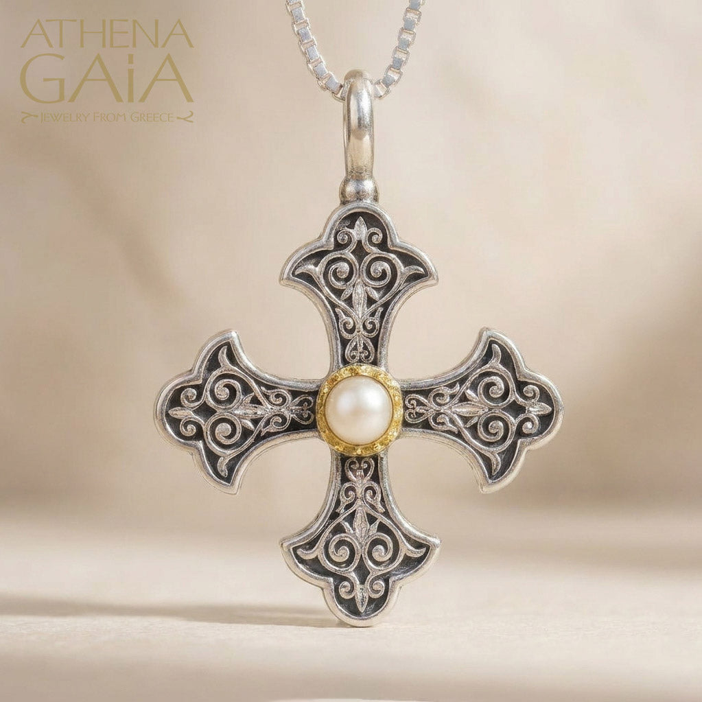 Aretousa Silver Faced Fleury Greek Cross (Large)- 18k Gold and Sterling Silver - Orthodox Cross