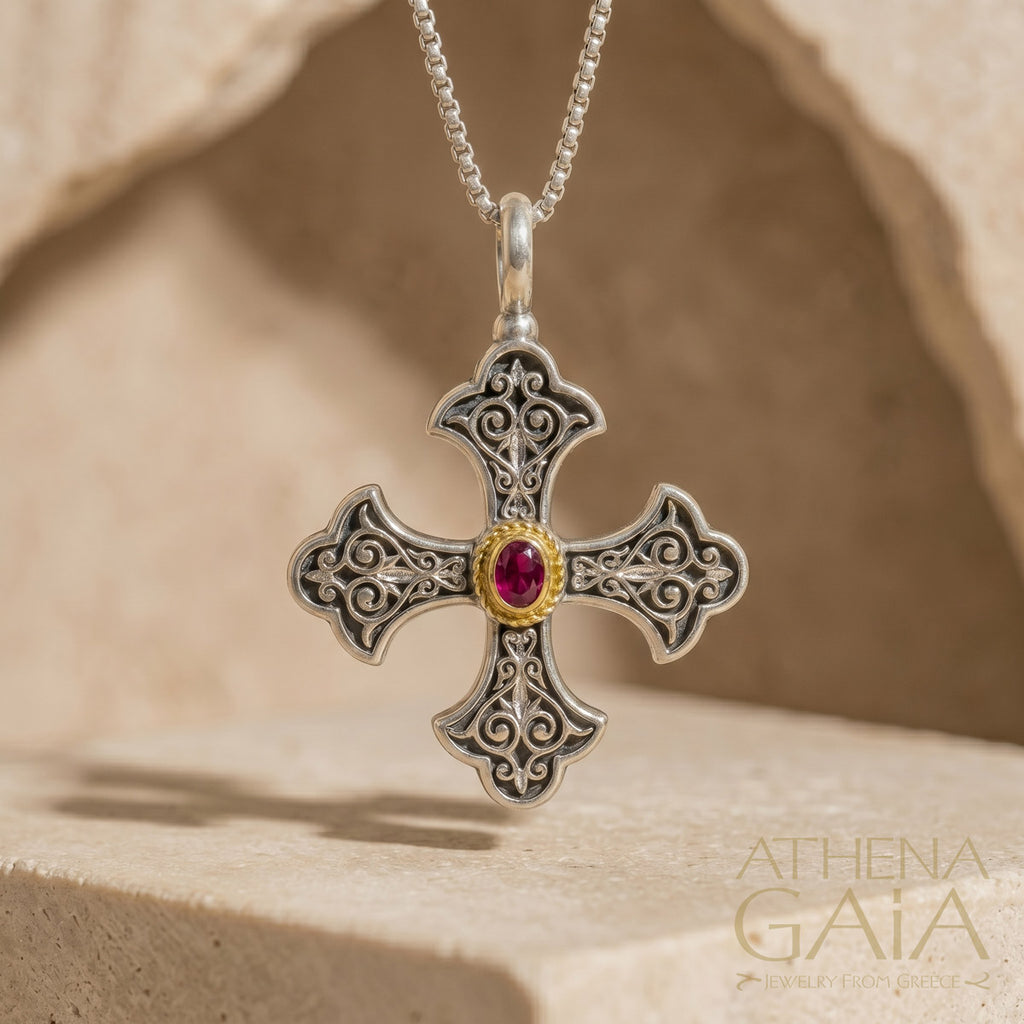 Aretousa Silver Faced Oval Rope Bezel Greek Cross (Large) - 18k Gold & Sterling Silver