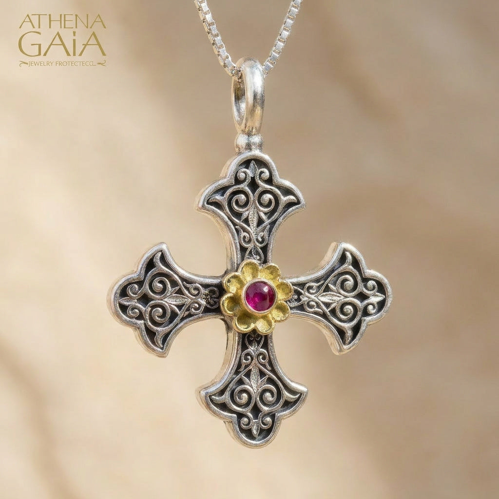 Aretousa Silver Faced Flower Bezel Greek Cross (Large) - 18k Gold & Sterling Silver - Orthodox Cross