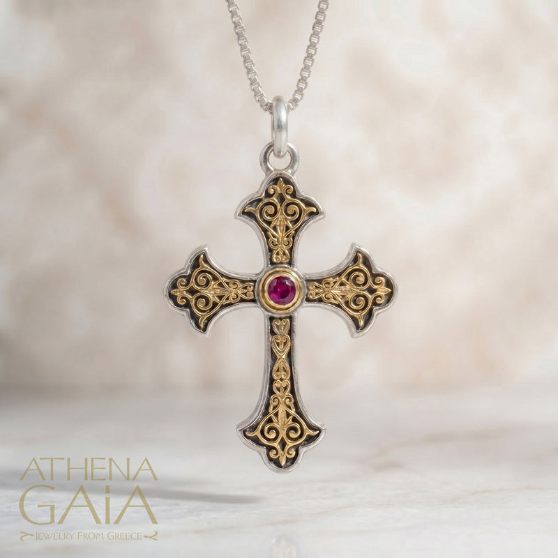 Aretousa Gold Faced Circle Bezel Orthodox Cross (Medium) - 18k Gold & Sterling Silver