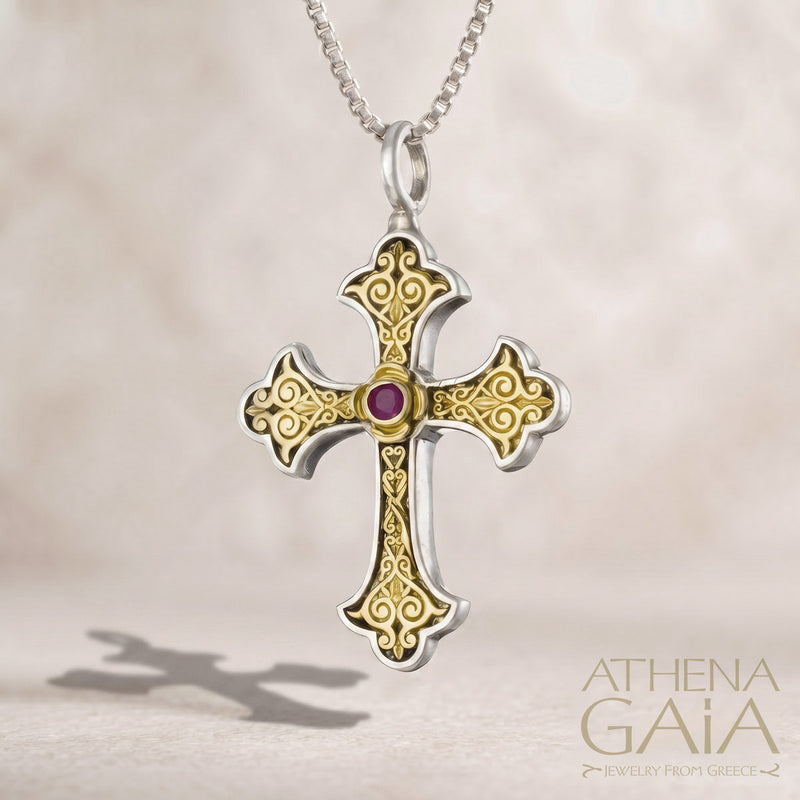Aretousa Gold Faced Petal Bezel Orthodox Cross (Small) - 18k Gold &amp; Sterling Silver&nbsp;