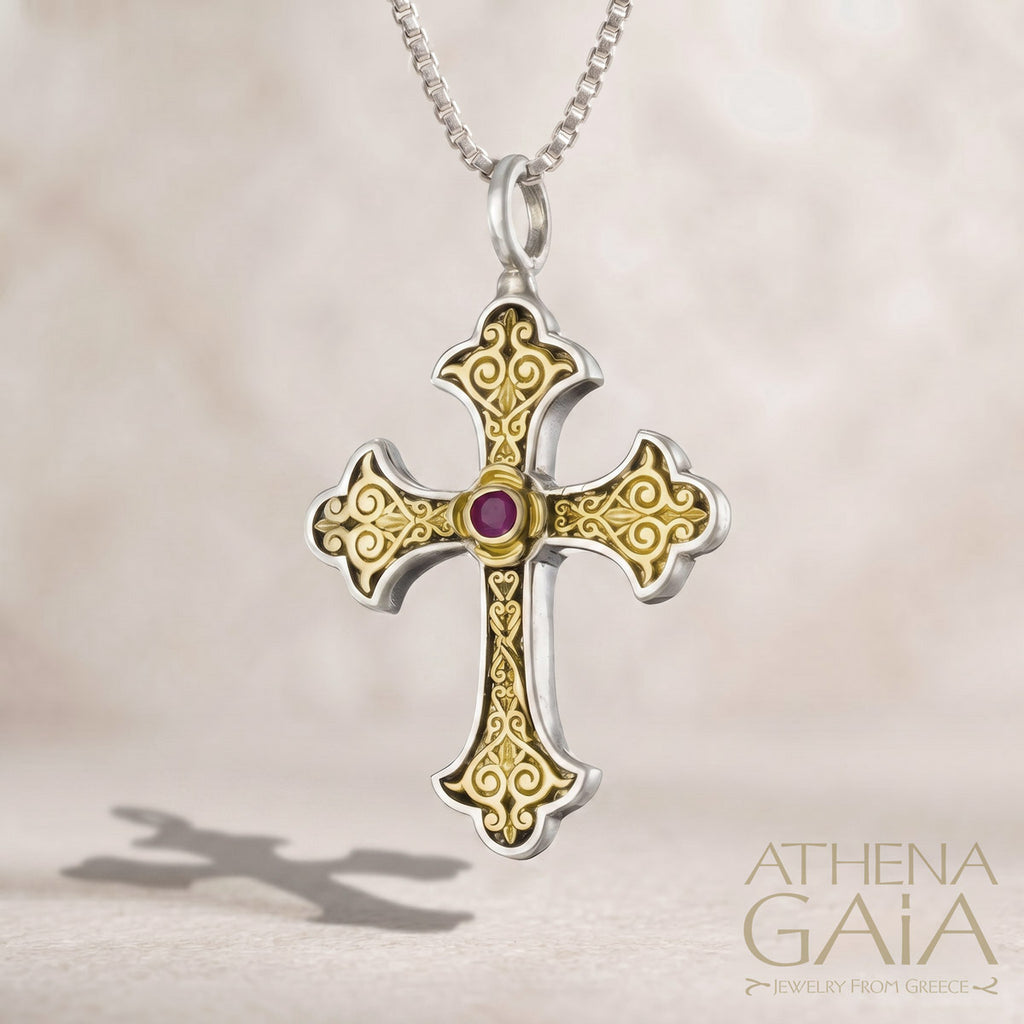 Aretousa Gold Faced Petal Bezel Orthodox Cross (Small) - 18k Gold & Sterling Silver&nbsp;