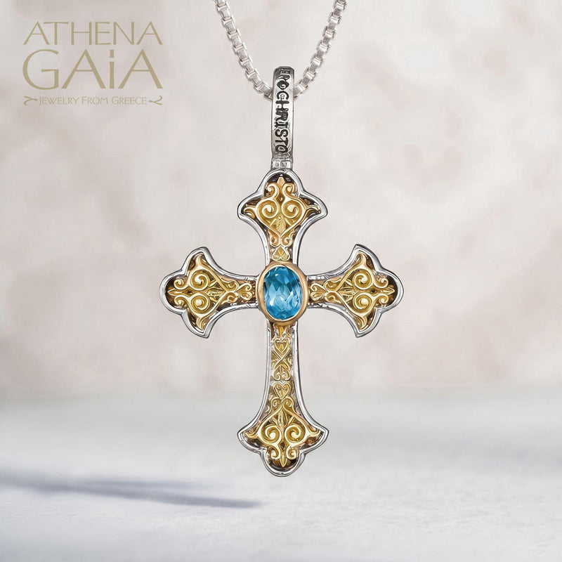 Aretousa Gold Faced Oval Bezel Orthodox Cross (Small) - 18k Gold & Sterling Silver