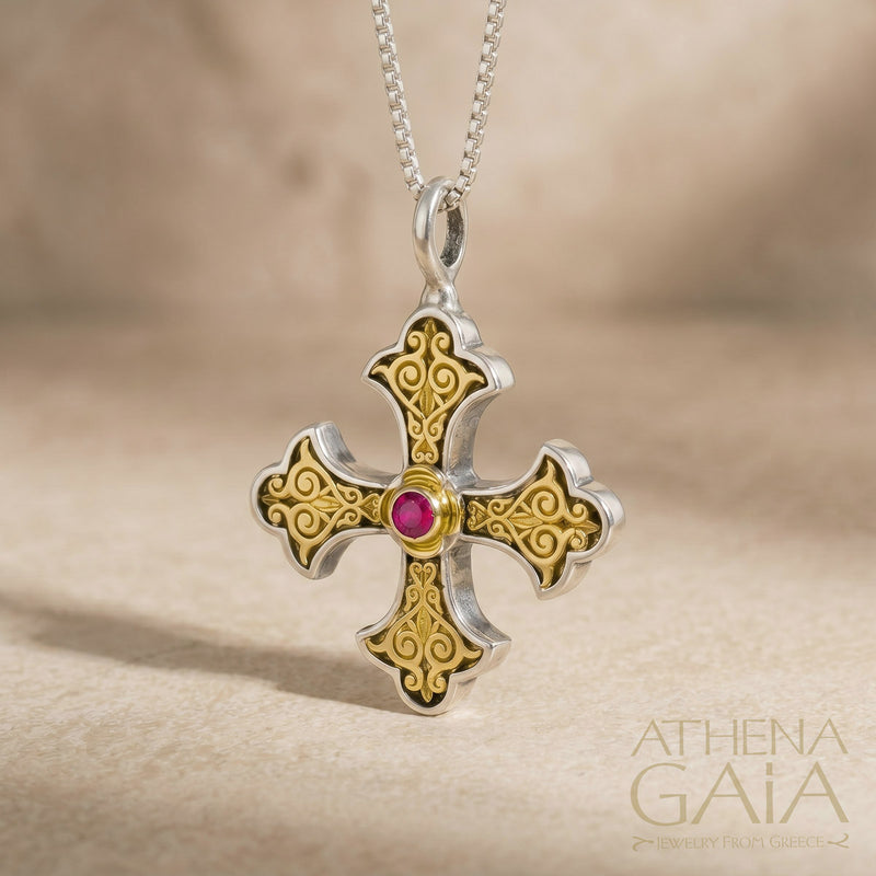 Aretousa Gold Faced Petal Bezel Greek Cross (Small) - 18k Gold & Sterling Silver - Orthodox Cross