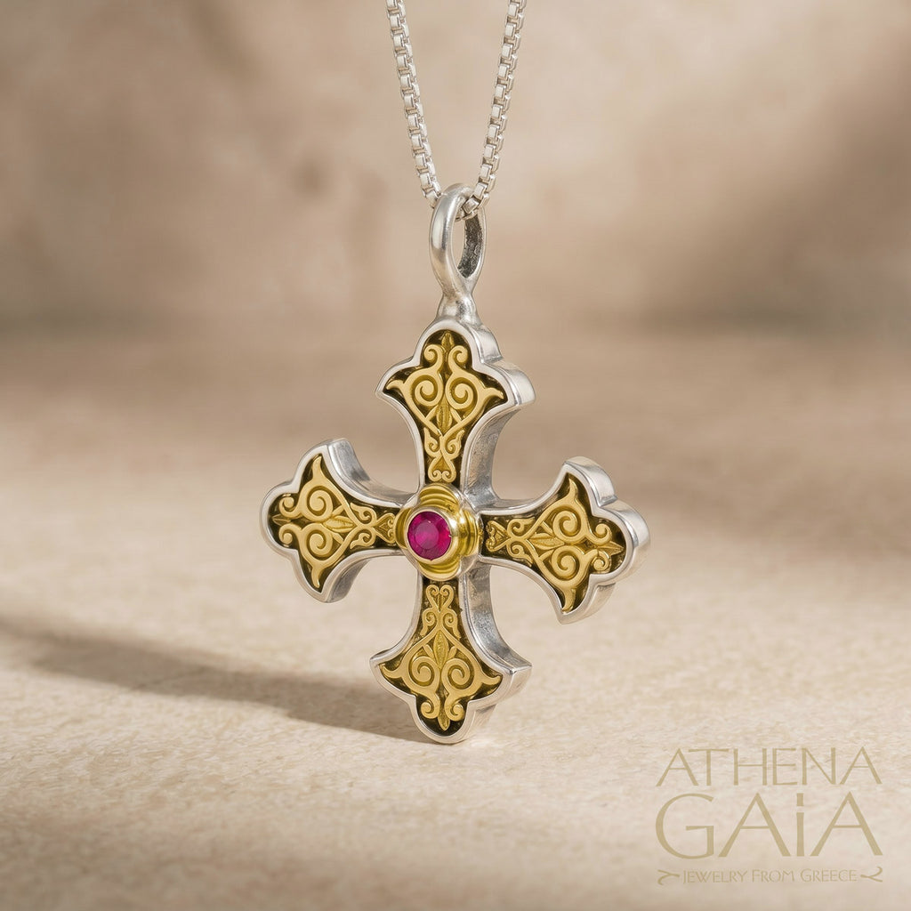 Aretousa Gold Faced Petal Bezel Greek Cross (Small) - 18k Gold & Sterling Silver - Orthodox Cross