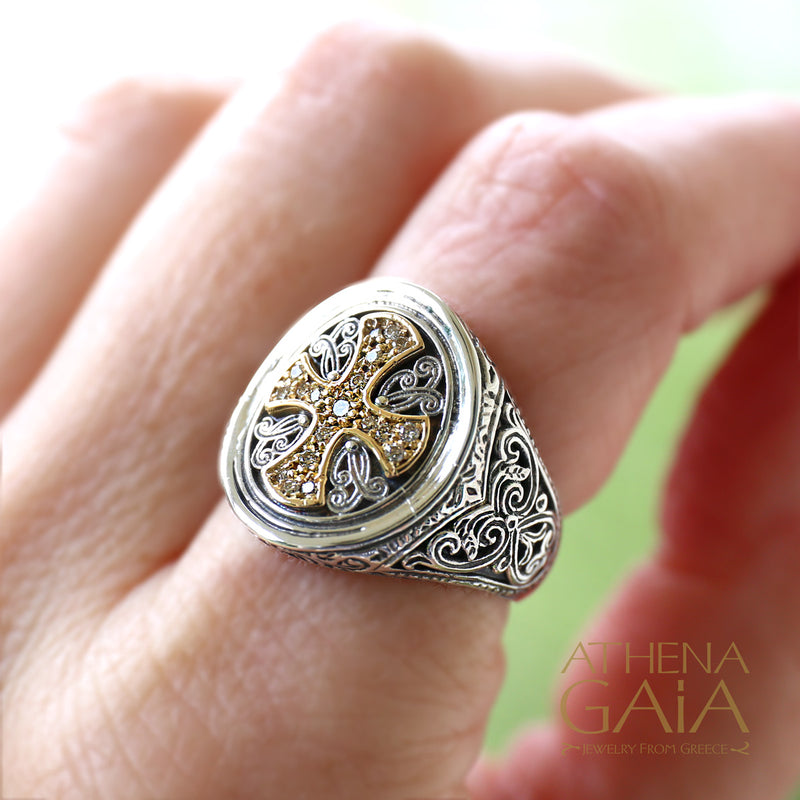 Diamond Cross Ring - 18k Gold & Sterling Silver Ring - Signet Ring