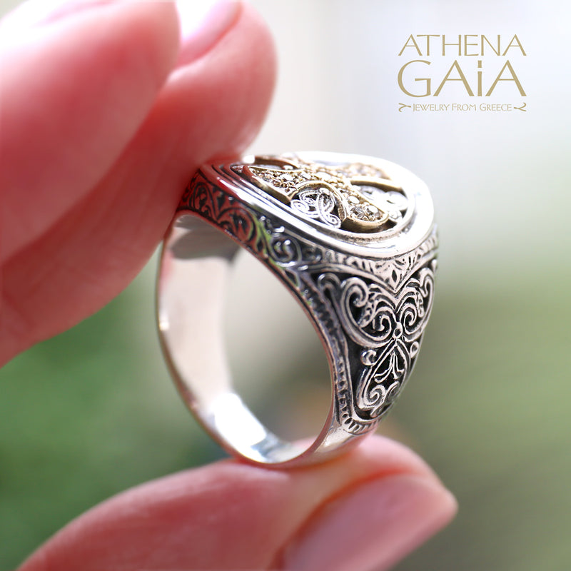 Diamond Cross Ring - 18k Gold & Sterling Silver Ring - Signet Ring