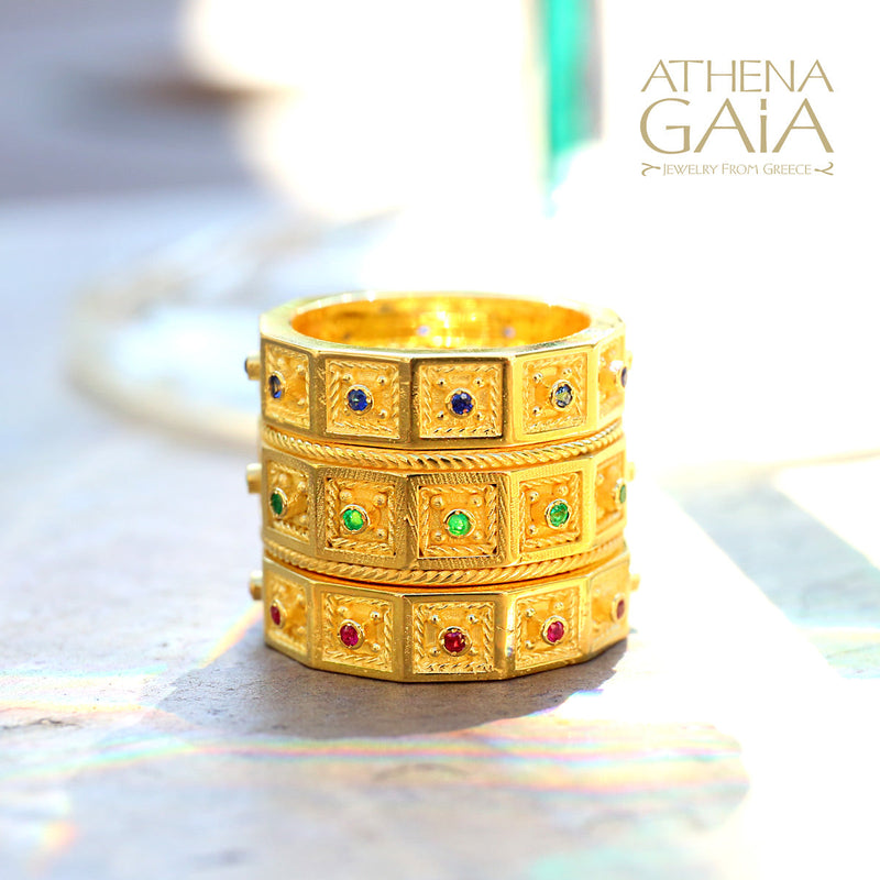 Byzantine Embroidery Rope Border Block Ring - 18k Gold Ring - Stackable Ring (In-Stock)