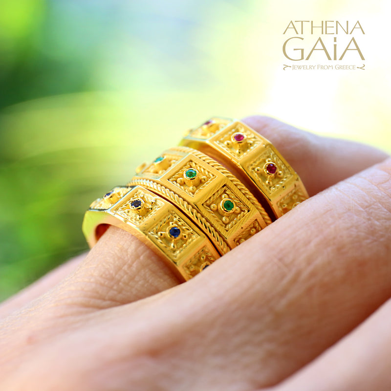 Rope Border Block Ring - 18k Gold Ring - Stackable Ring