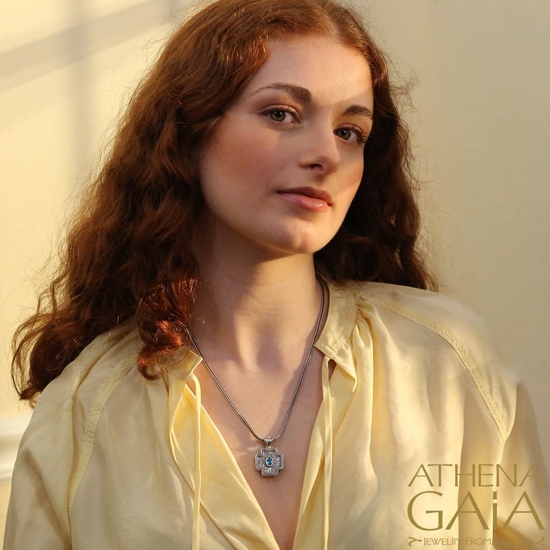 Squared Greek Cross - Sterling Silver with Center Stone - Orthodox Cross Necklace