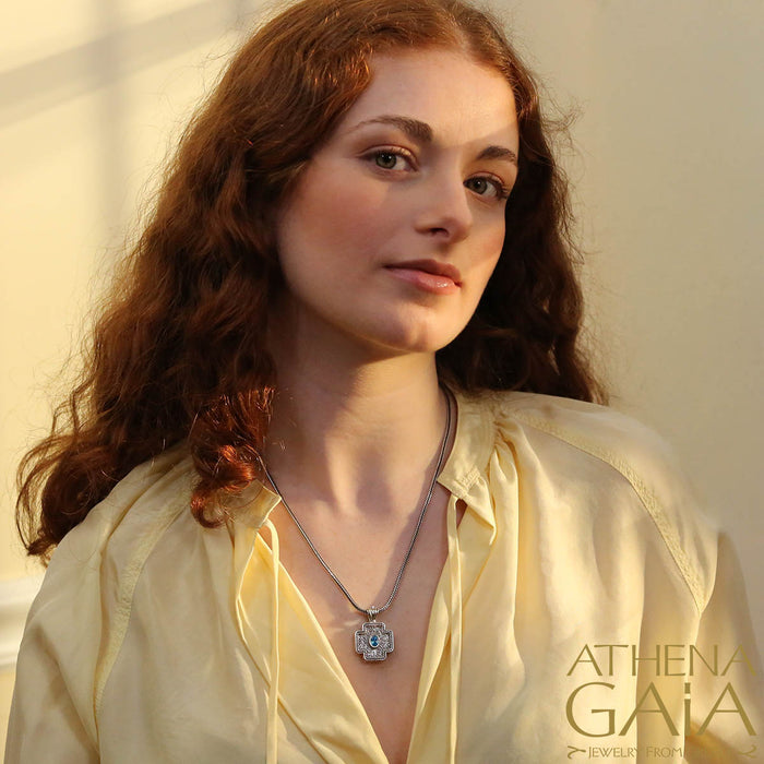 Squared Greek Cross - Sterling Silver with Center Stone - Orthodox Cross Necklace