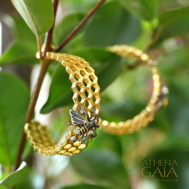 Honeybee on Honeycomb Earrings - Gold Plated Sterling Silver - Hoop Earrings