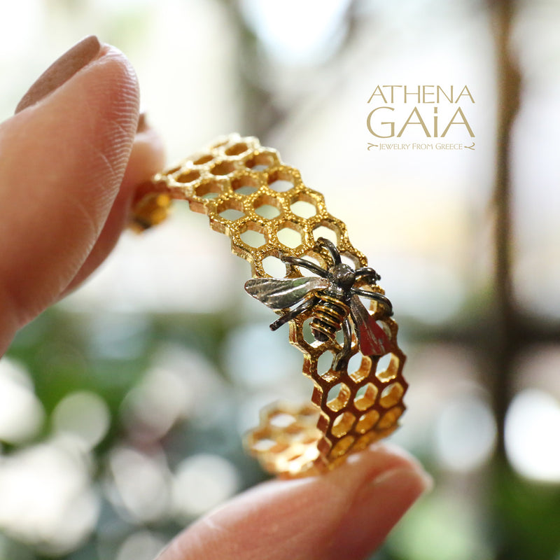 Honeybee on Honeycomb Earrings - Gold Plated Sterling Silver - Hoop Earrings