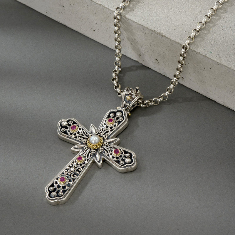 Grand Burst Byzantine Cross - 18k Gold and Sterling Silver - Latin Cross