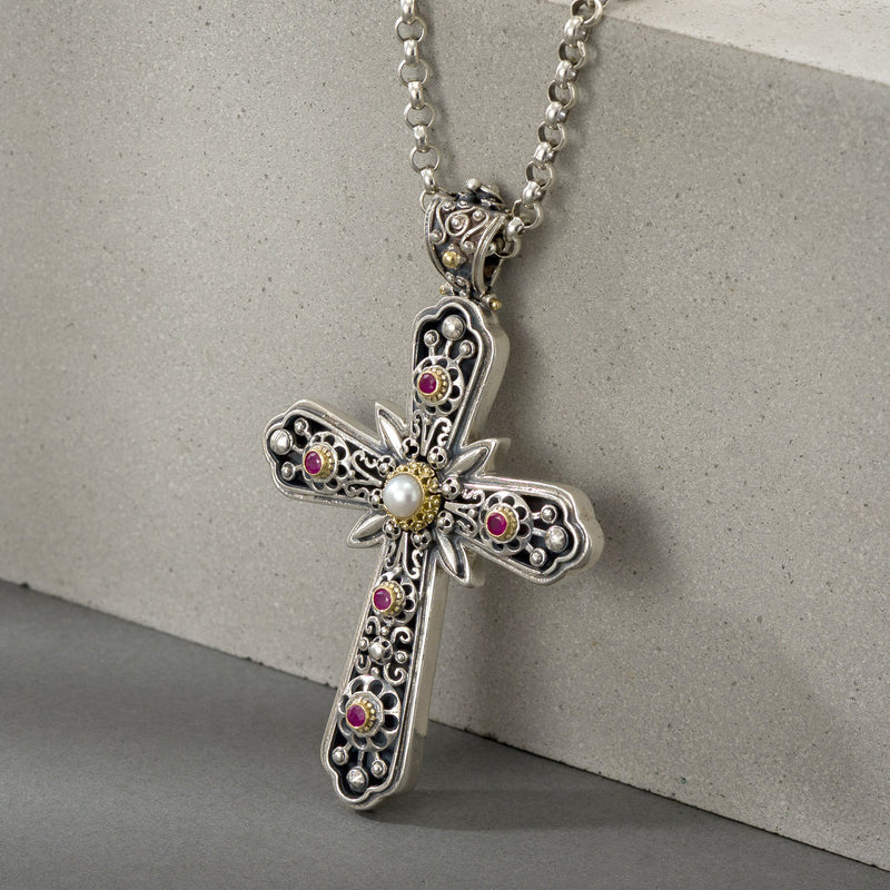 Grand Burst Byzantine Cross - 18k Gold and Sterling Silver - Latin Cross