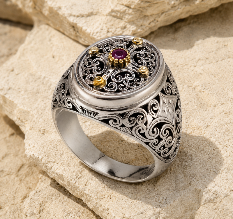 Oval Synergy Cross Ring - 18k Gold & Sterling Silver Ring - Signet Ring