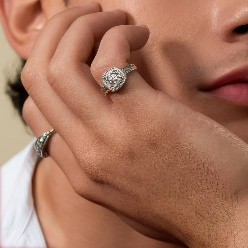 Rounded Etched Sterling Silver Club Ring - Sterling Silver Ring - Club Ring