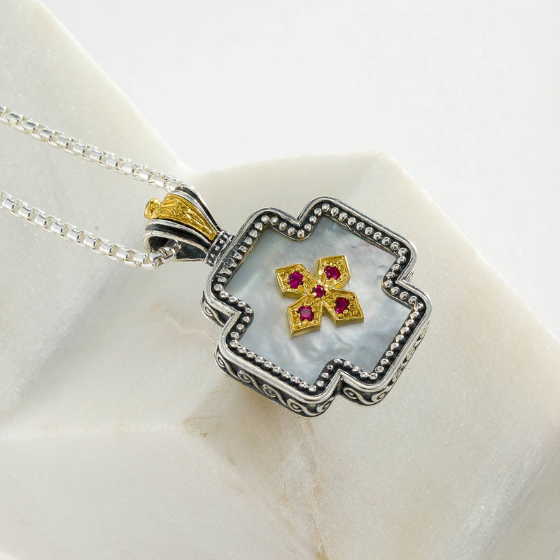 Mother of Pearl Squared Greek Cross - Gold Plated Sterling Silver - Orthodox Cross Necklace