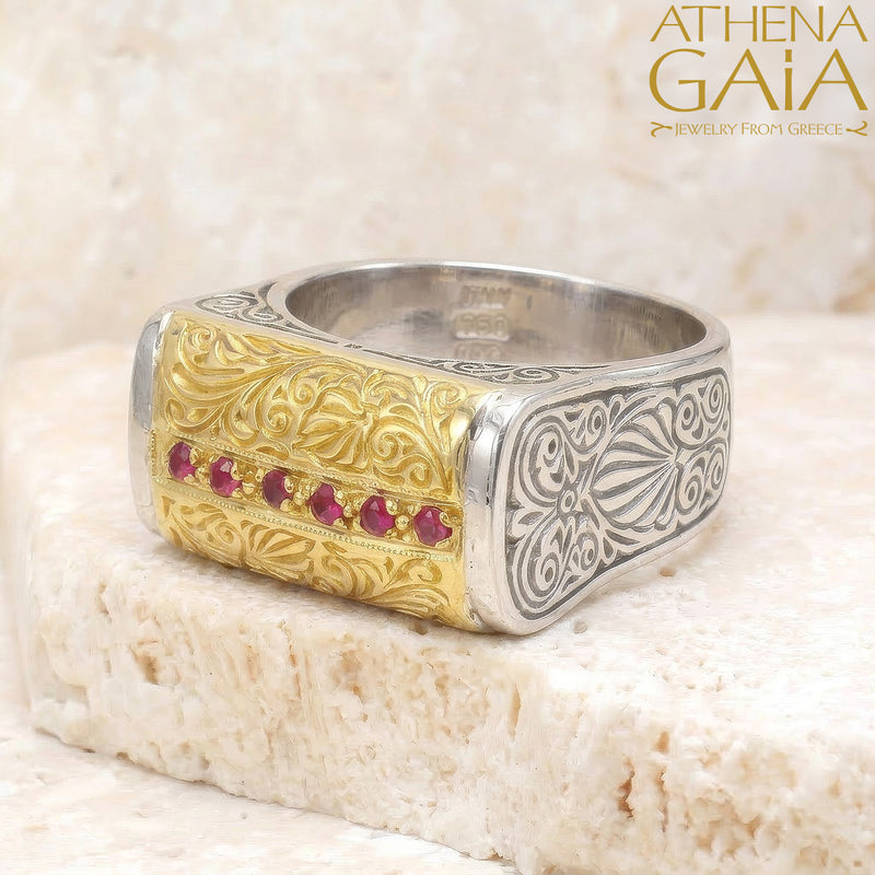 Anthemion Stone Row Ring - 18k Gold & Sterling Silver Ring - Cocktail Ring