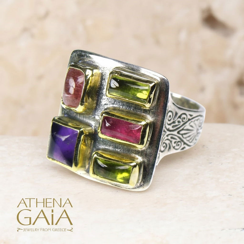 Small Stone Face Ring - 18k Gold & Sterling Silver Ring - Cocktail Ring