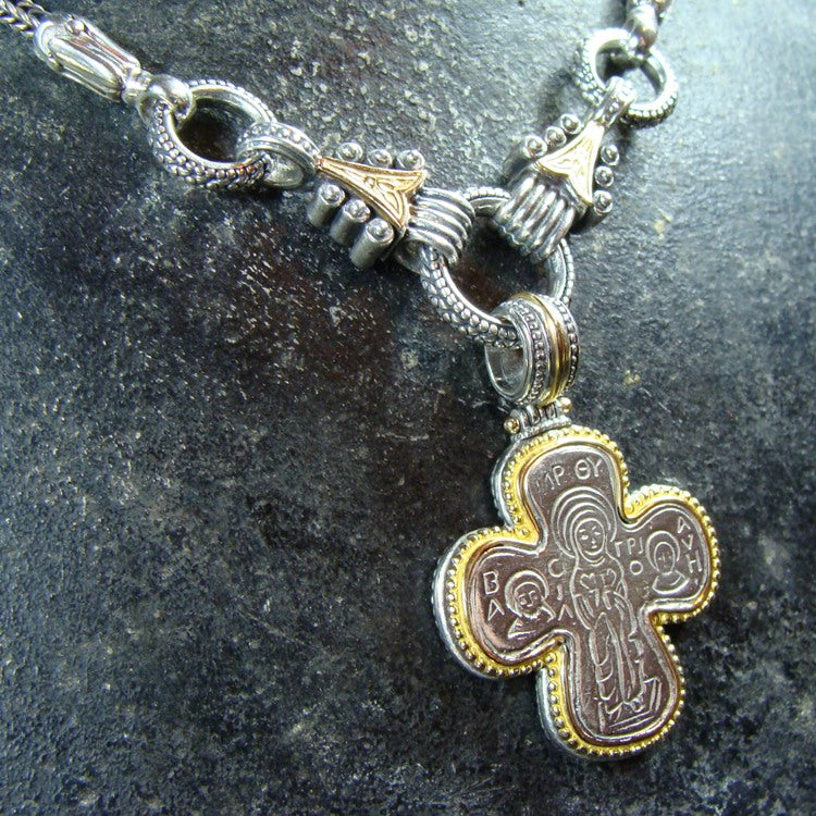 Gold Border Mother Mary Greek Cross - 18k Gold & Sterling Silver - Orthodox Cross