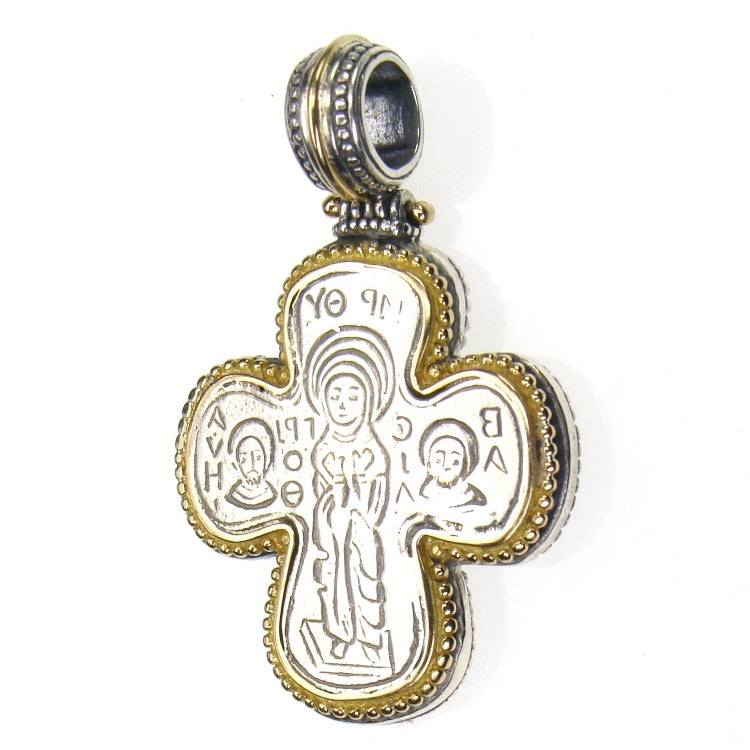Gold Border Mother Mary Greek Cross - 18k Gold & Sterling Silver - Orthodox Cross