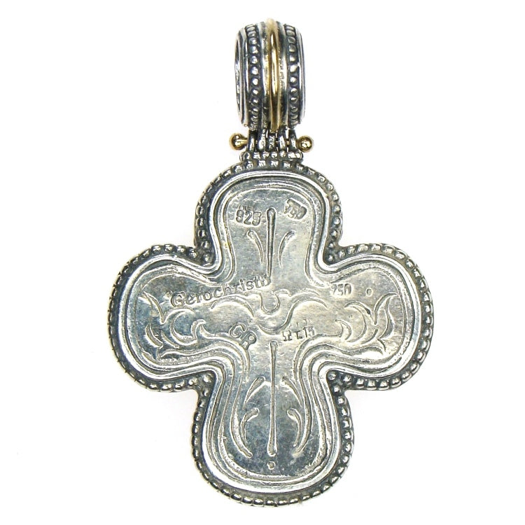 Gold Border Mother Mary Greek Cross - 18k Gold & Sterling Silver - Orthodox Cross
