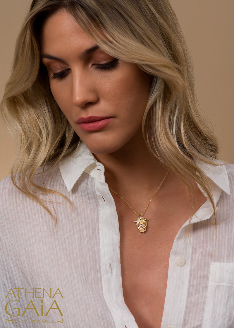 Olympian Athena Owl Pendant Necklace - 18k Gold Necklace