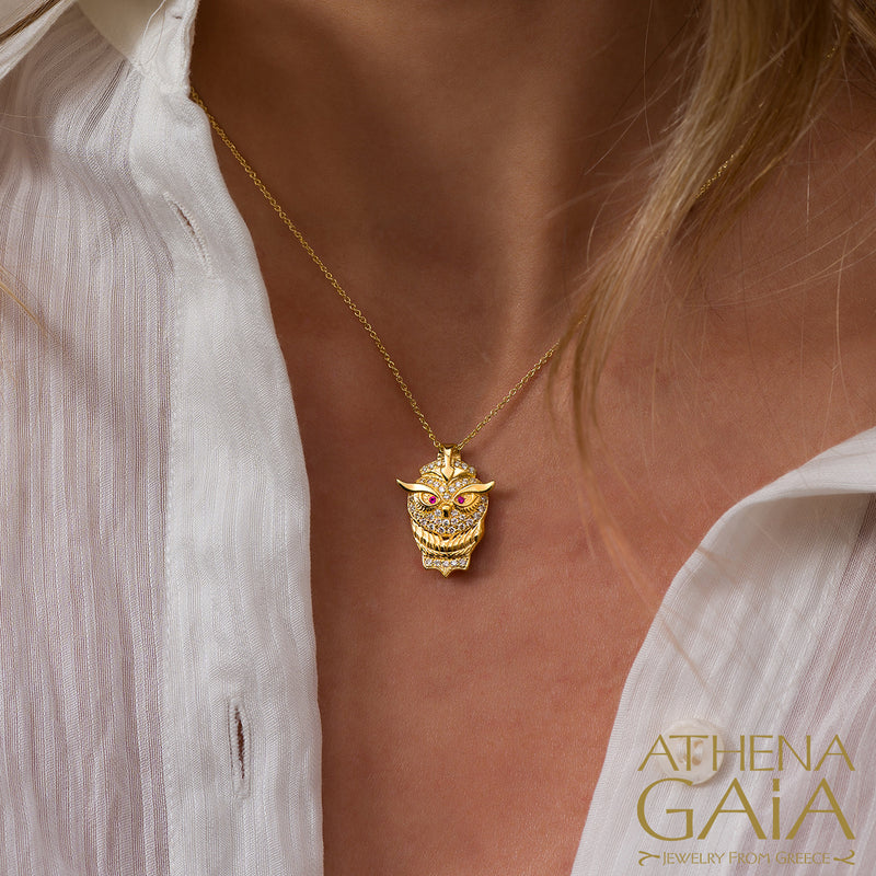 Olympian Athena Owl Pendant Necklace - 18k Gold Necklace